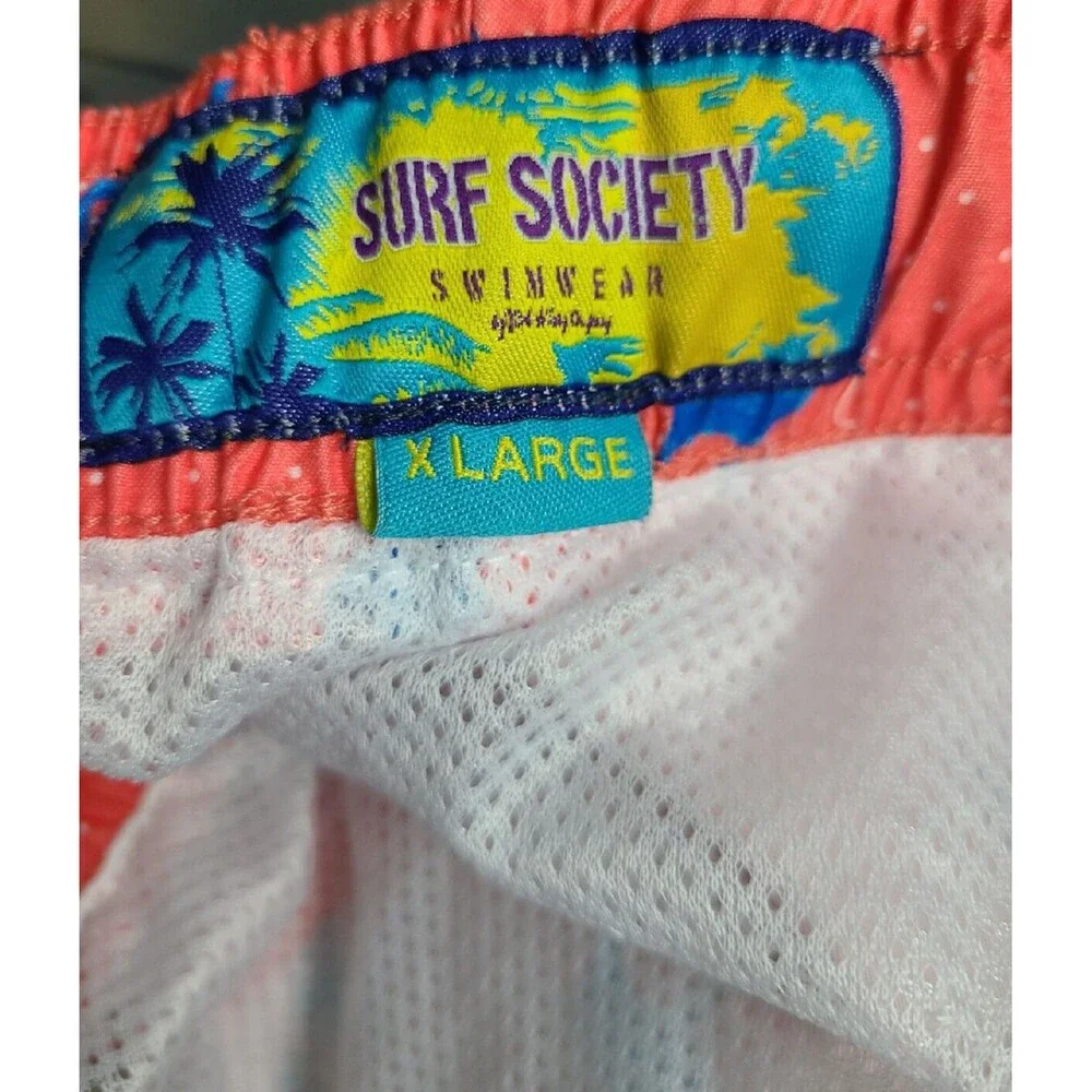 Surf Society Men's Tie Neon Orange Flamingo Lined Pockets Swimwear Short Sz XL